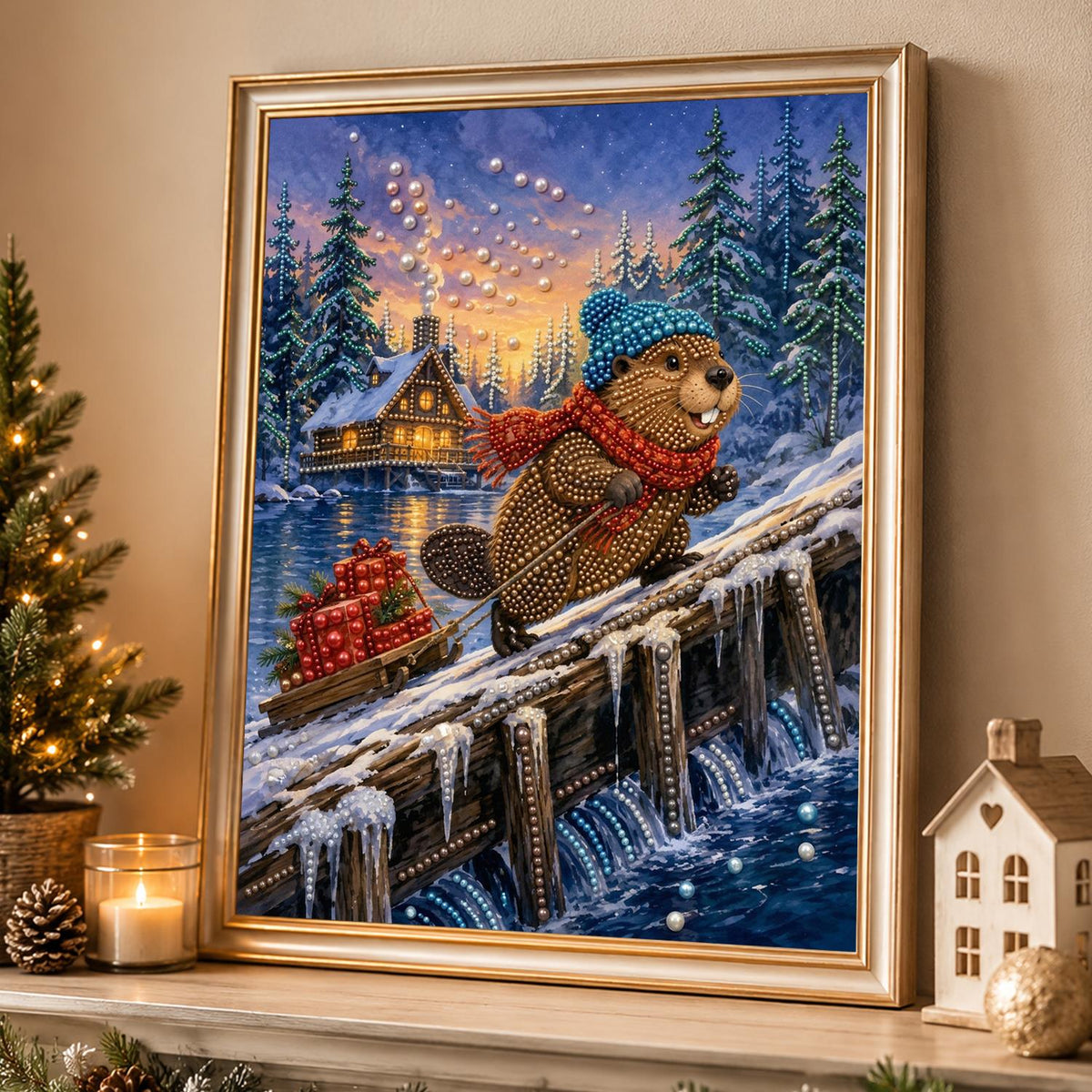 Beaver Crossing a Log Bridge pearl painting – image 4