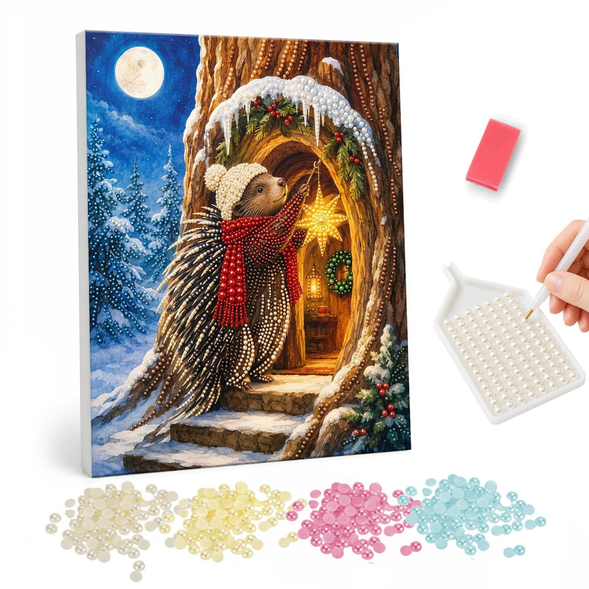 Tree Hollow Doorway Hedgehog pearl painting – Hedgehog in a knit hat and red scarf hanging a glowing star at a tree hollow door under the moon