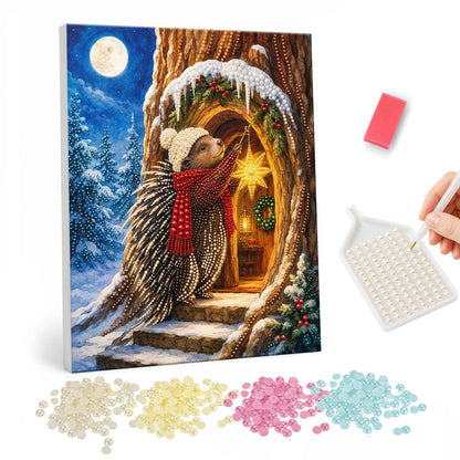 Tree Hollow Doorway Hedgehog pearl painting – Hedgehog in a knit hat and red scarf hanging a glowing star at a tree hollow door under the moon