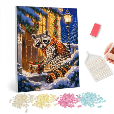 Raccoon on the Lamplit Doorstep pearl painting – Raccoon in an orange scarf reaching for a gift on the doorstep of a lit house beside a street lamp