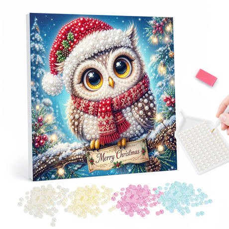 Owl with a Merry Christmas Banner pearl painting – Big-eyed owl in a Santa hat and red scarf perched on a snowy branch above a Merry Christmas banner