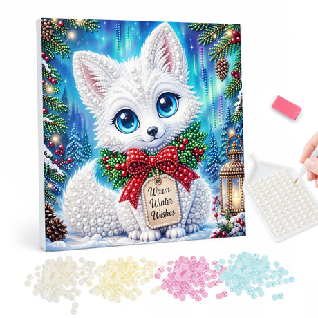 White Kitten with Winter Wishes pearl painting – Fluffy white kitten with a red bow holding a Warm Winter Wishes tag under northern lights