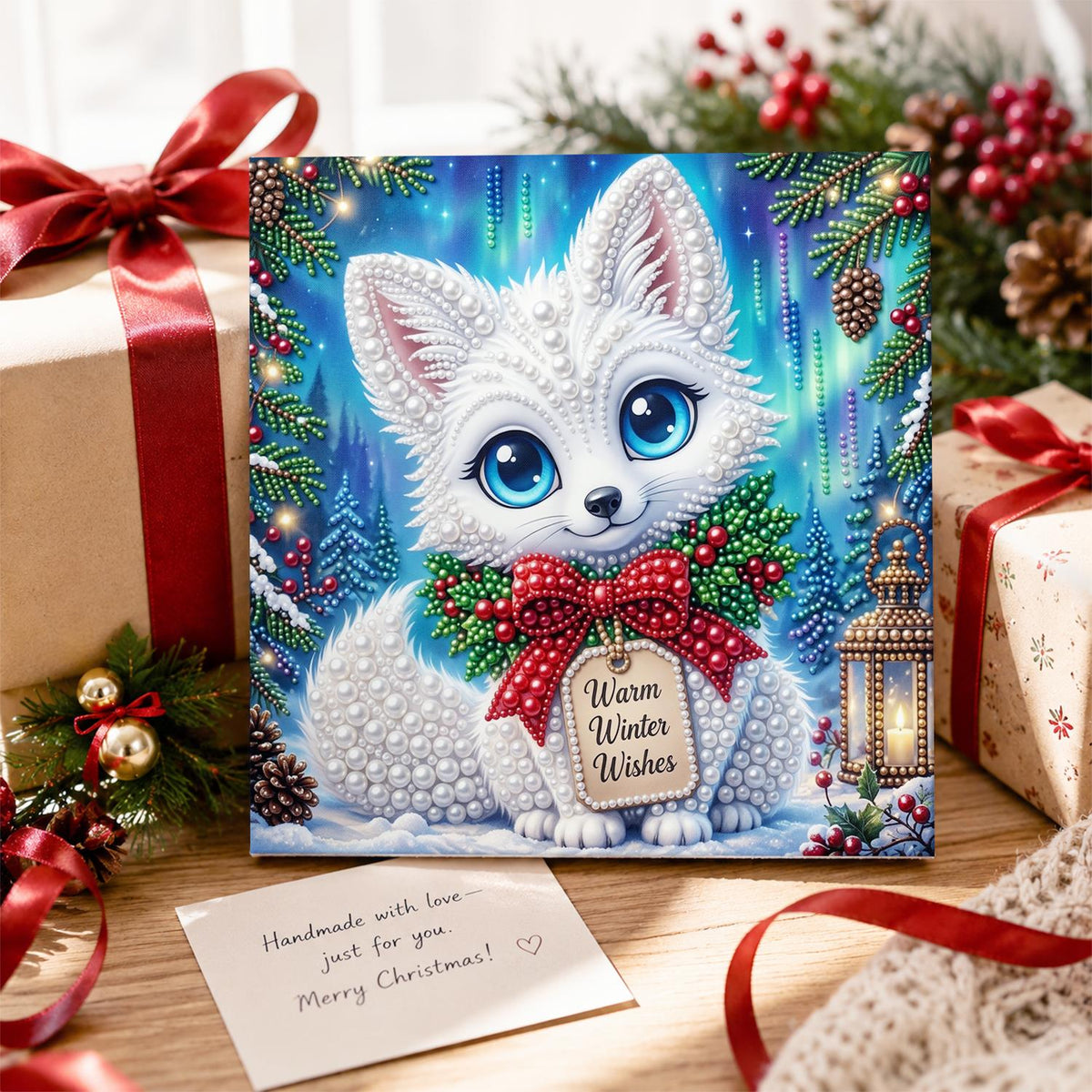 White Kitten with Winter Wishes pearl painting – image 2