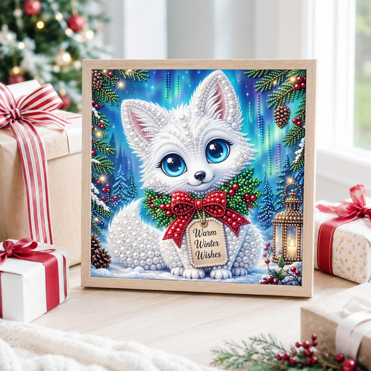 White Kitten with Winter Wishes pearl painting – image 4