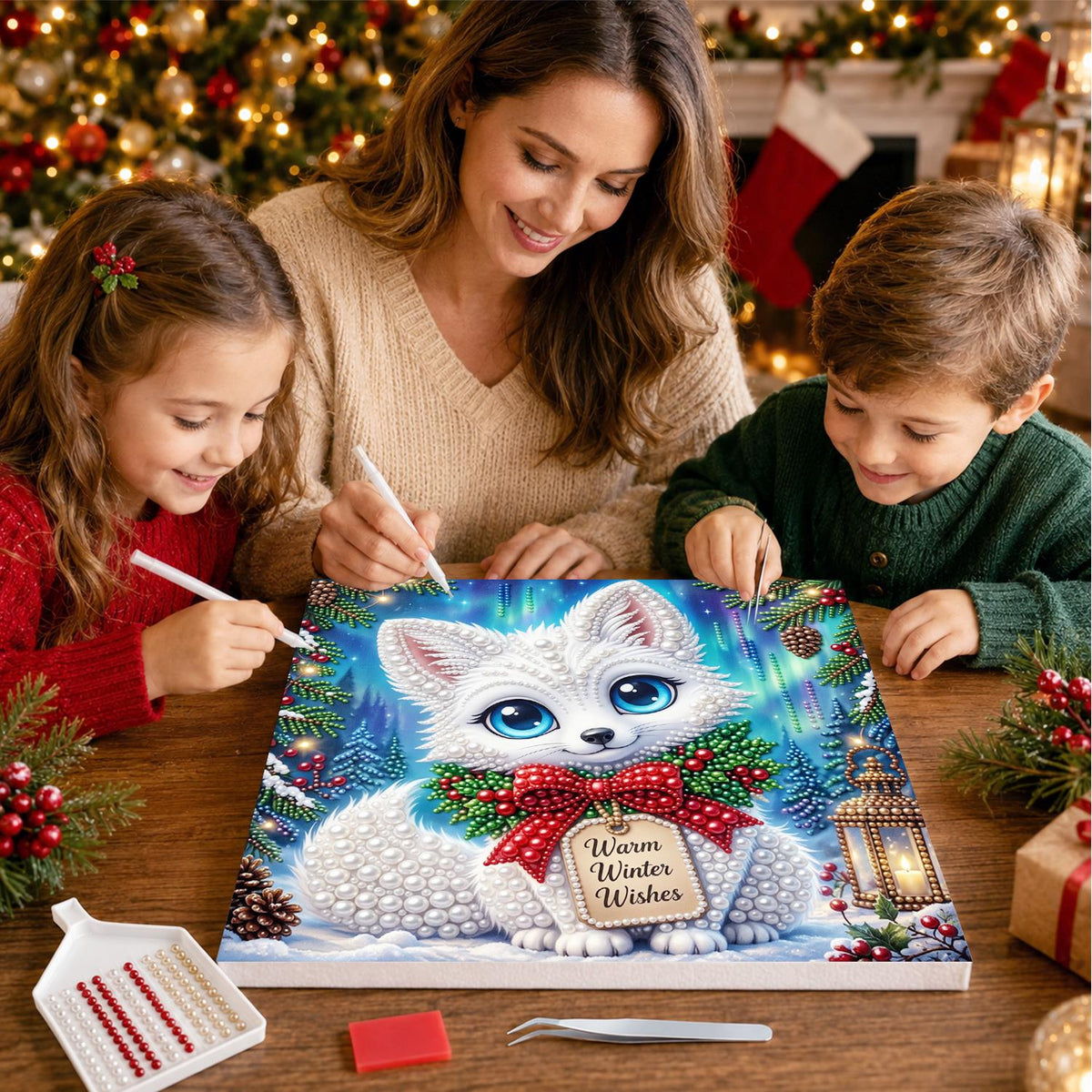 White Kitten with Winter Wishes pearl painting – image 15