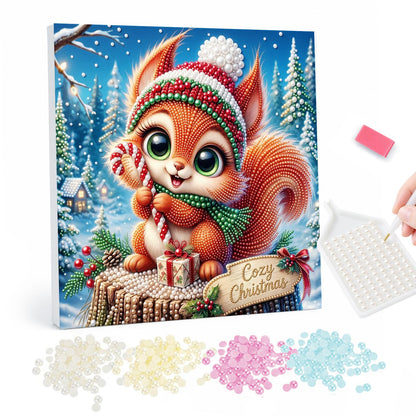 Candy Cane Squirrel on a Stump pearl painting – Squirrel in a striped knit hat holding a candy cane on a snowy stump beside a Cozy Christmas sign