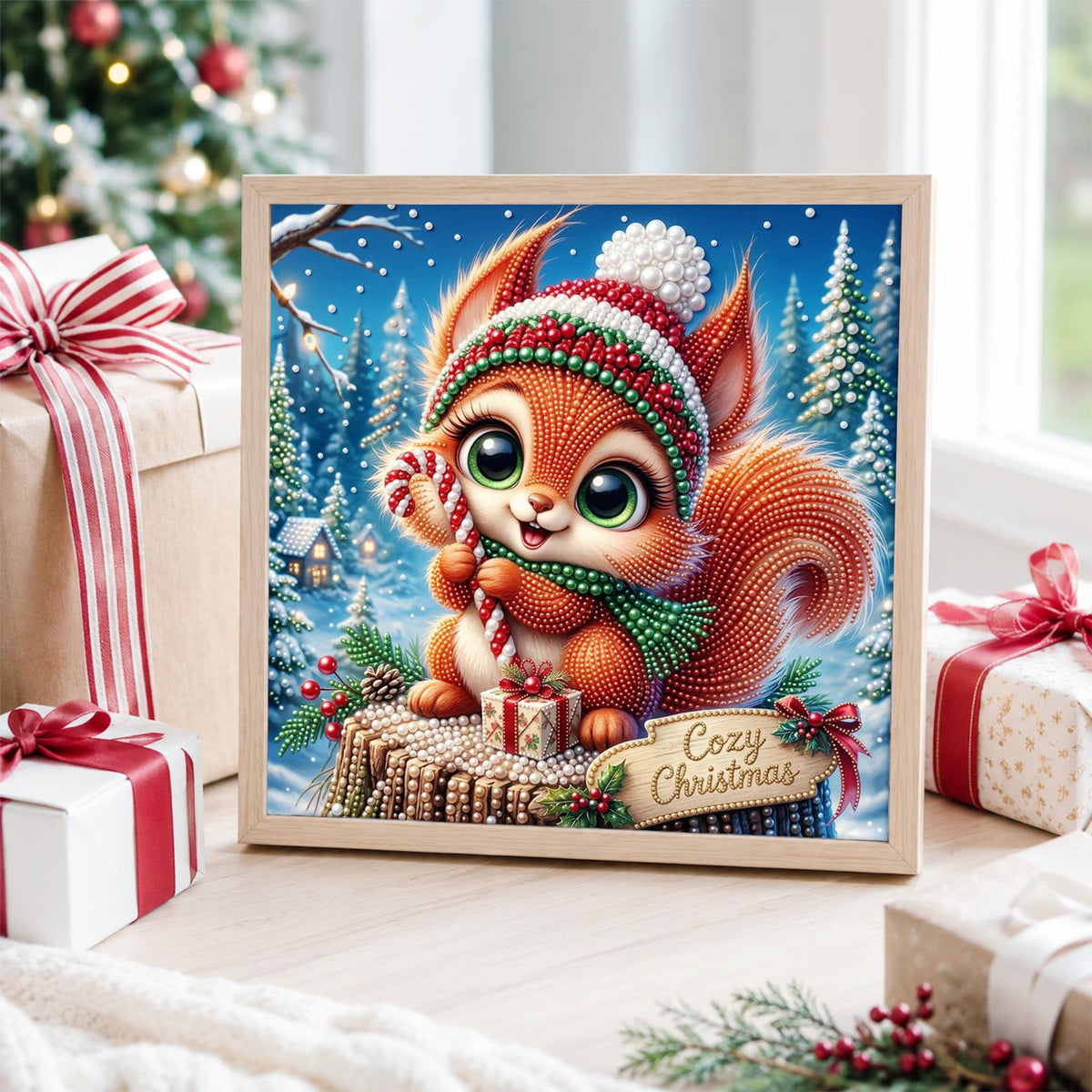 Candy Cane Squirrel on a Stump pearl painting – image 4