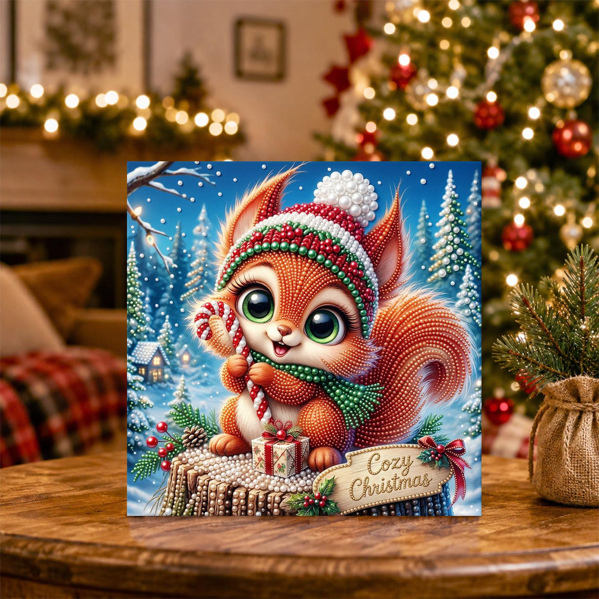 Candy Cane Squirrel on a Stump pearl painting – image 5