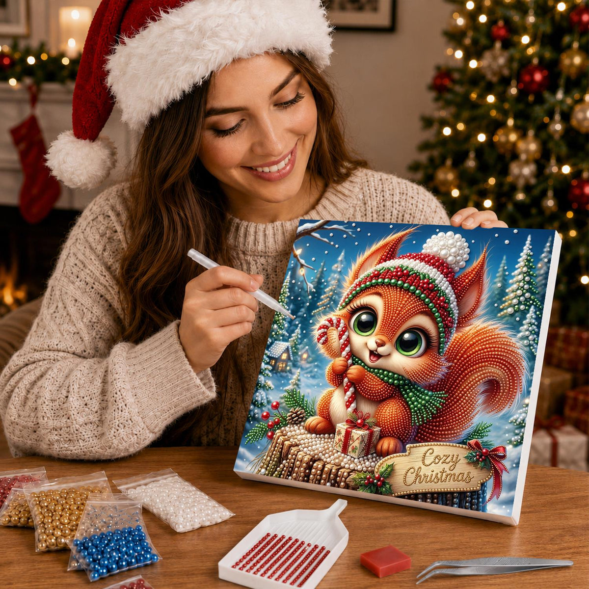 Candy Cane Squirrel on a Stump pearl painting – image 16