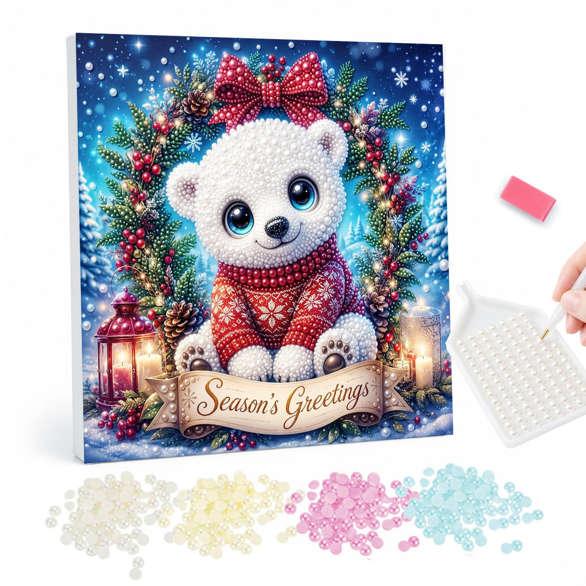Polar Cub with Season's Greetings pearl painting – White bear cub in a red sweater inside a bow-topped wreath above a Season's Greetings banner