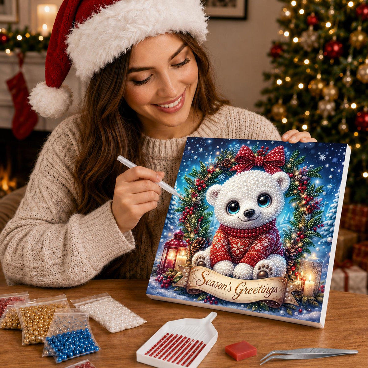 Polar Cub with Season's Greetings pearl painting – image 16