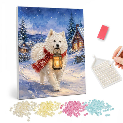 Samoyed Carrying a Lantern pearl painting – Fluffy white dog in a red scarf carrying a glowing lantern through a snowy village at dusk