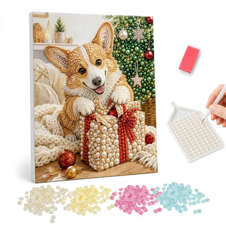 Corgi Peeking Over a Present pearl painting – Corgi peeking over a gift with a red bow beside a Christmas tree and a chunky knit blanket