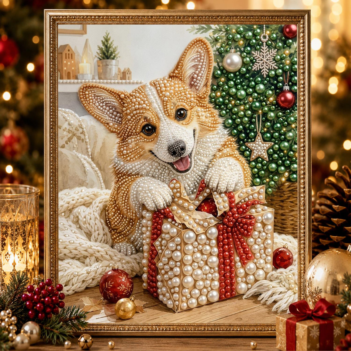 Corgi Peeking Over a Present pearl painting – image 2