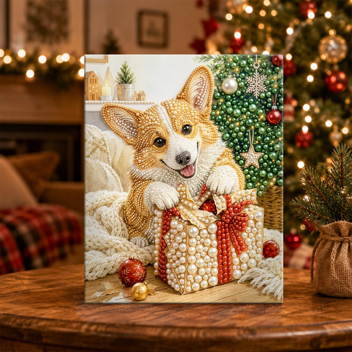Corgi Peeking Over a Present pearl painting – image 5