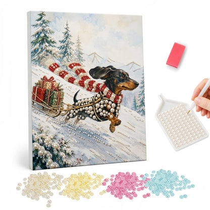 Dachshund Pulling a Gift Sleigh pearl painting – Dachshund in a long striped scarf pulling a small sleigh of gifts down a snowy slope