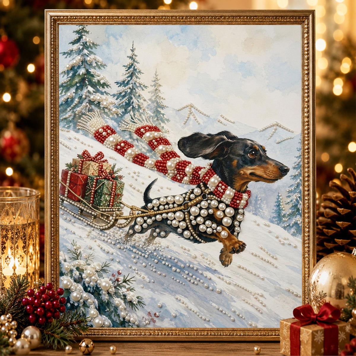 Dachshund Pulling a Gift Sleigh pearl painting – image 2