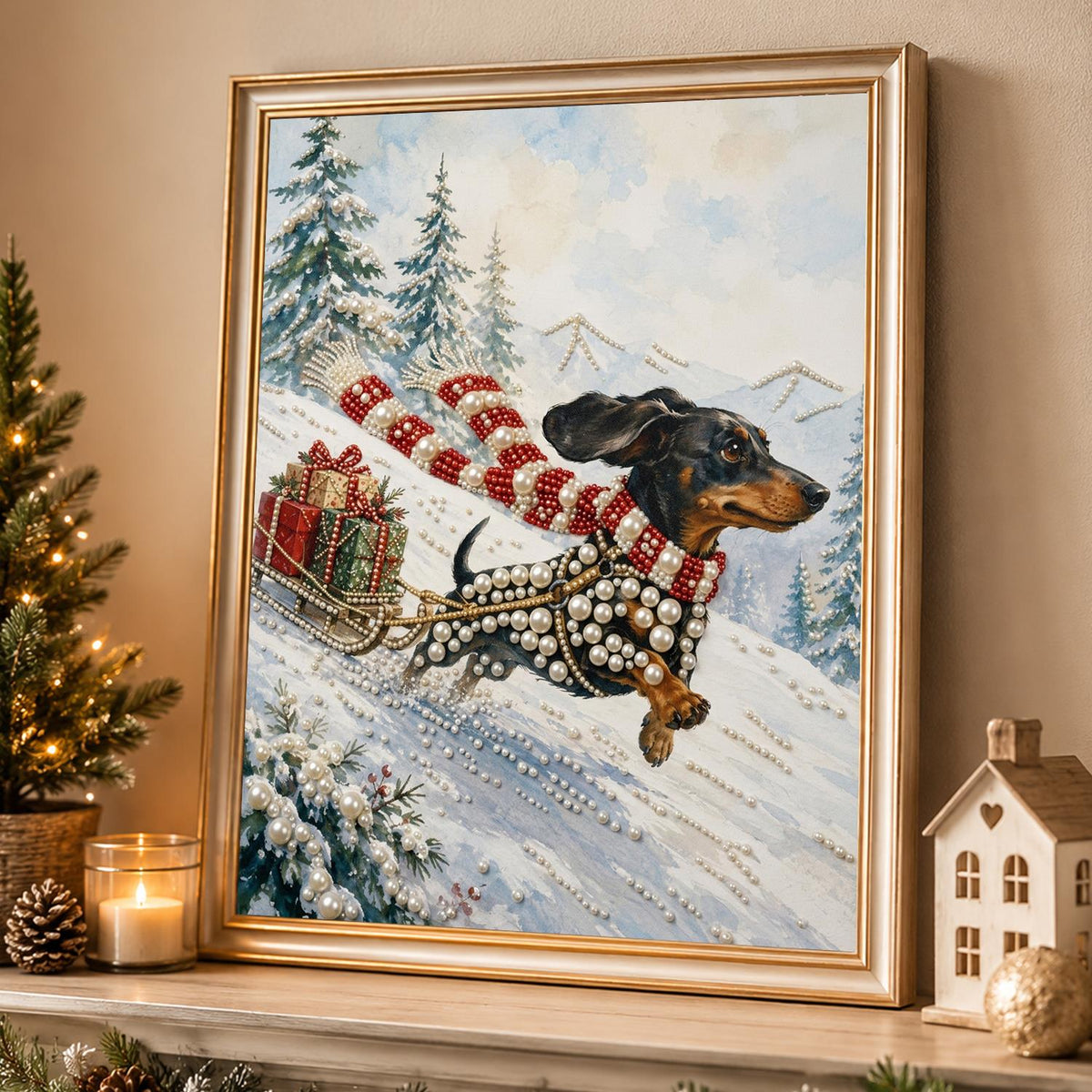 Dachshund Pulling a Gift Sleigh pearl painting – image 4