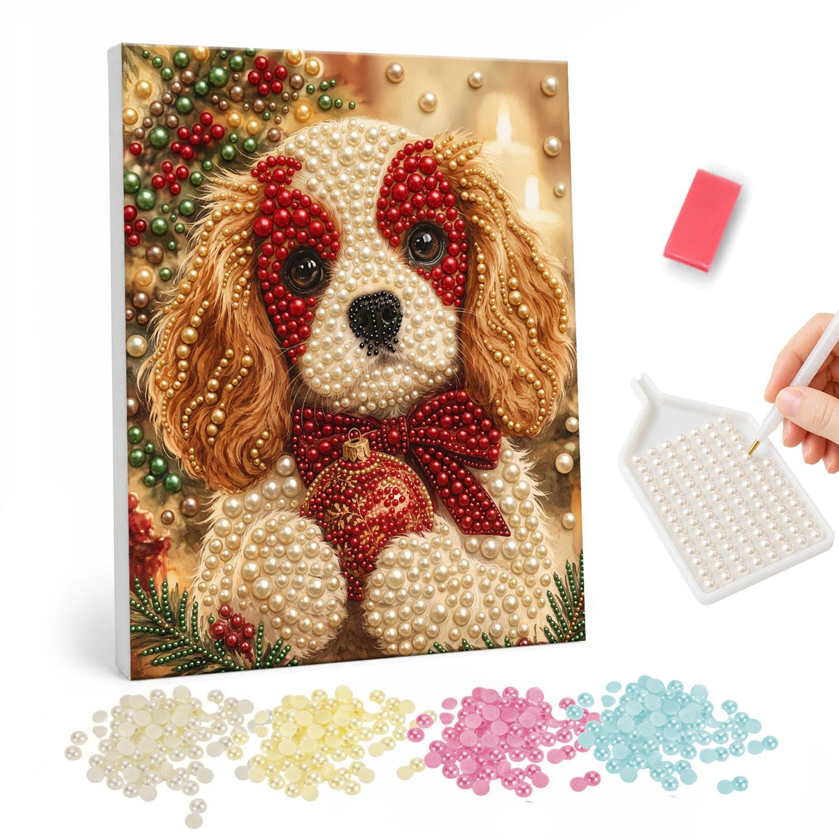 Spaniel Pup with a Red Bow pearl painting – Spaniel puppy with a red bow and a red bauble against a warm golden festive background