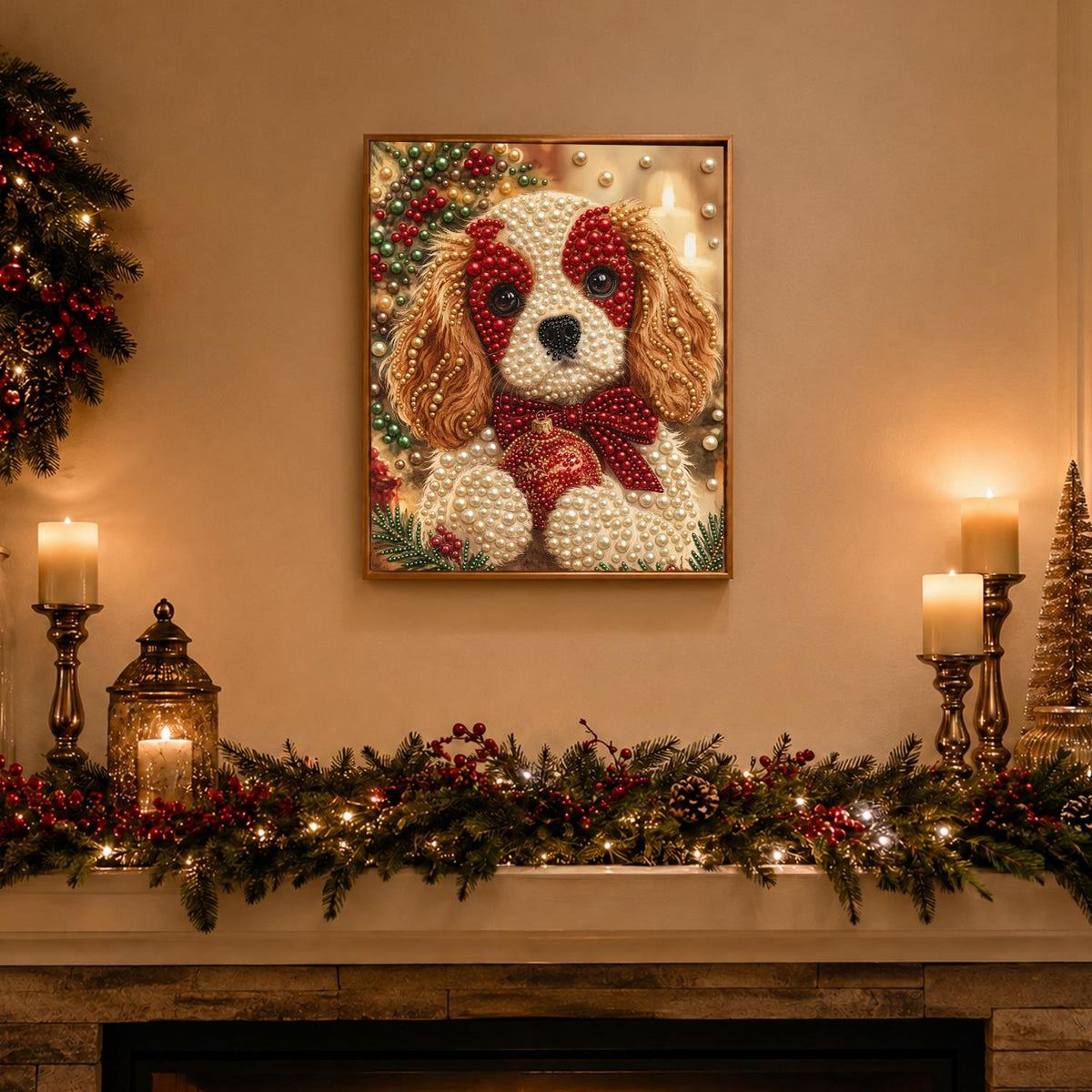 Spaniel Pup with a Red Bow pearl painting – image 3