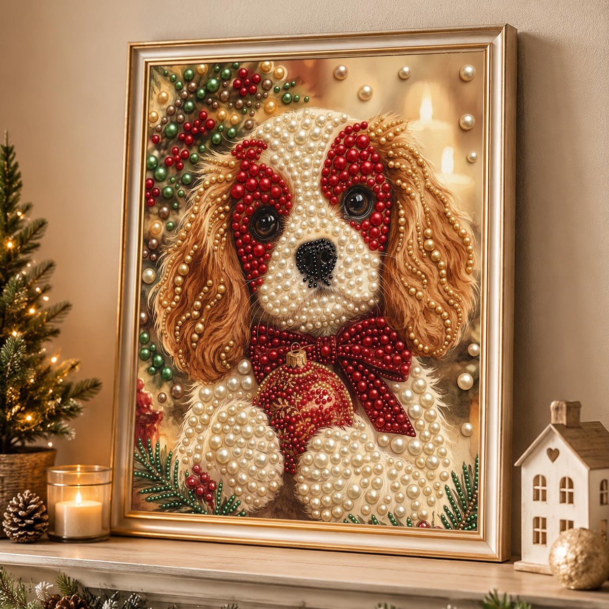 Spaniel Pup with a Red Bow pearl painting – image 4