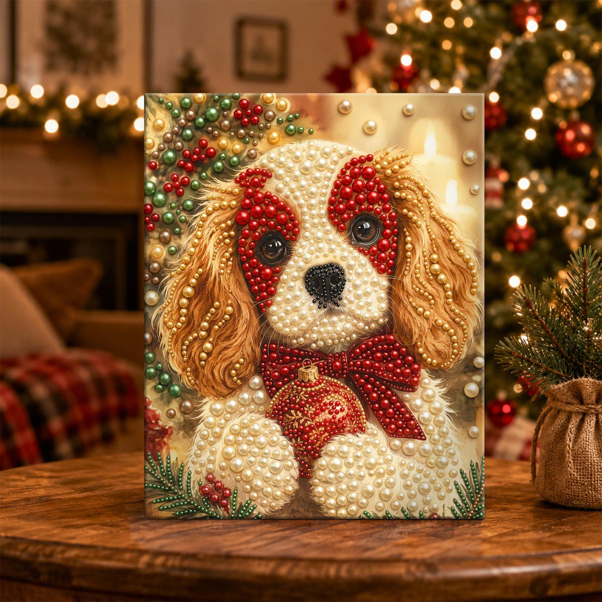 Spaniel Pup with a Red Bow pearl painting – image 5