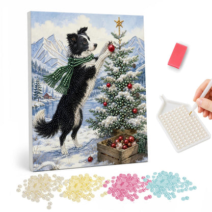 Border Collie Topping the Tree pearl painting – Border collie in a green scarf on its hind legs placing a star on a tree beside a crate of baubles