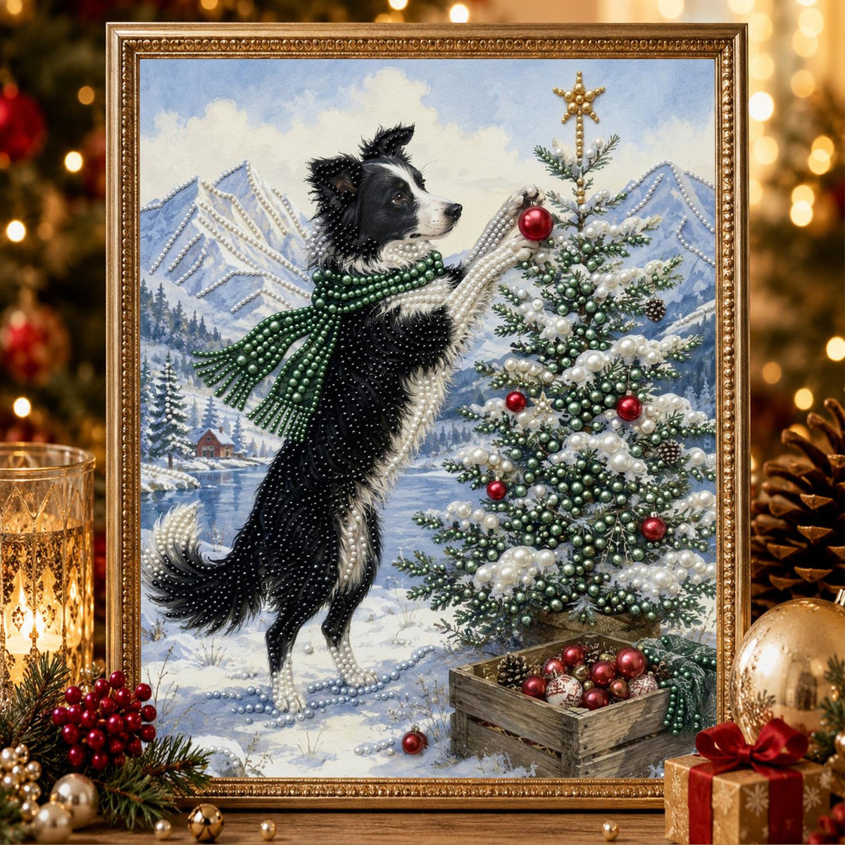 Border Collie Topping the Tree pearl painting – image 2