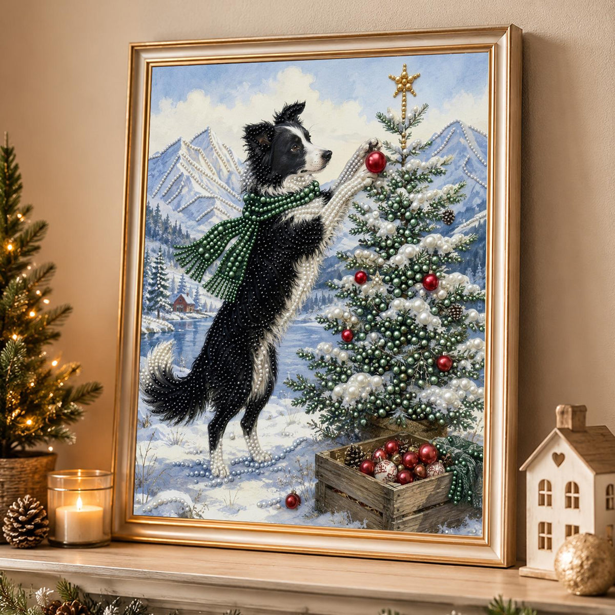 Border Collie Topping the Tree pearl painting – image 4