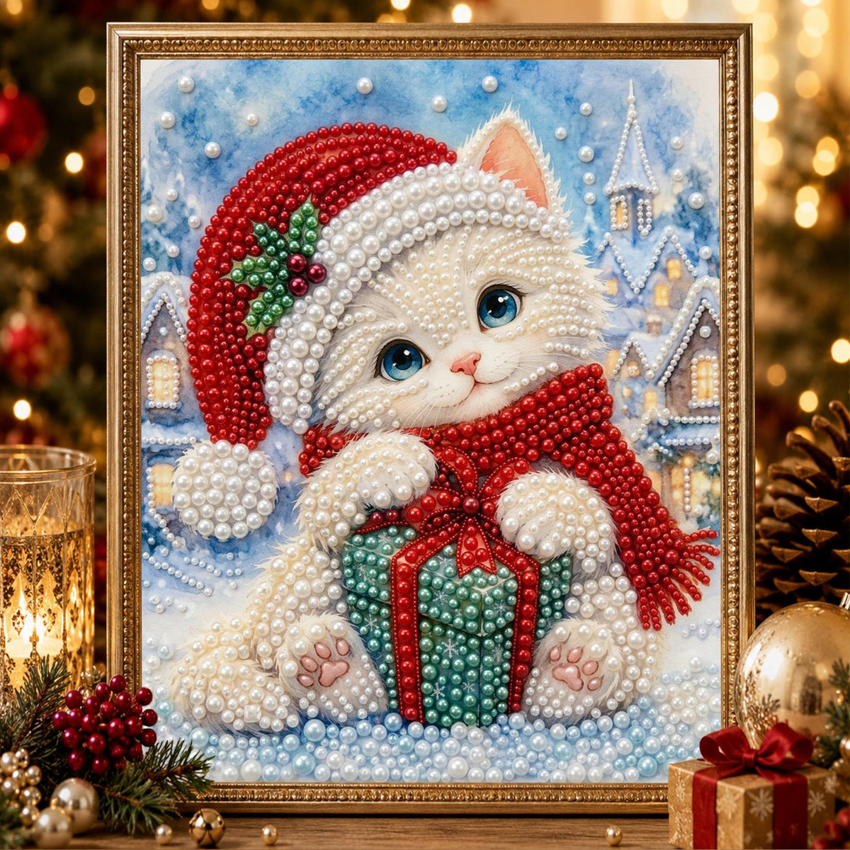 White Kitten Hugging a Gift pearl painting – image 2