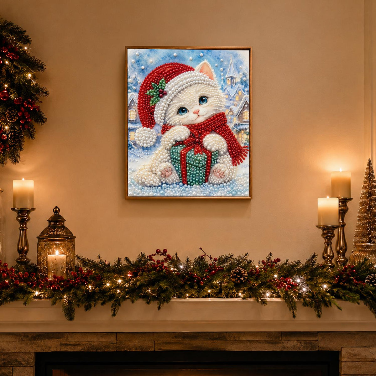 White Kitten Hugging a Gift pearl painting – image 3