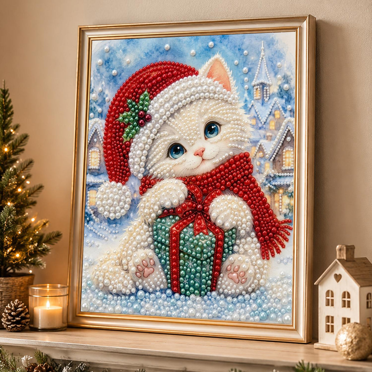 White Kitten Hugging a Gift pearl painting – image 4