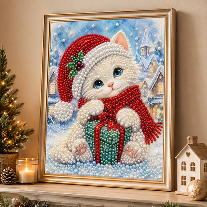 White Kitten Hugging a Gift pearl painting – image 4