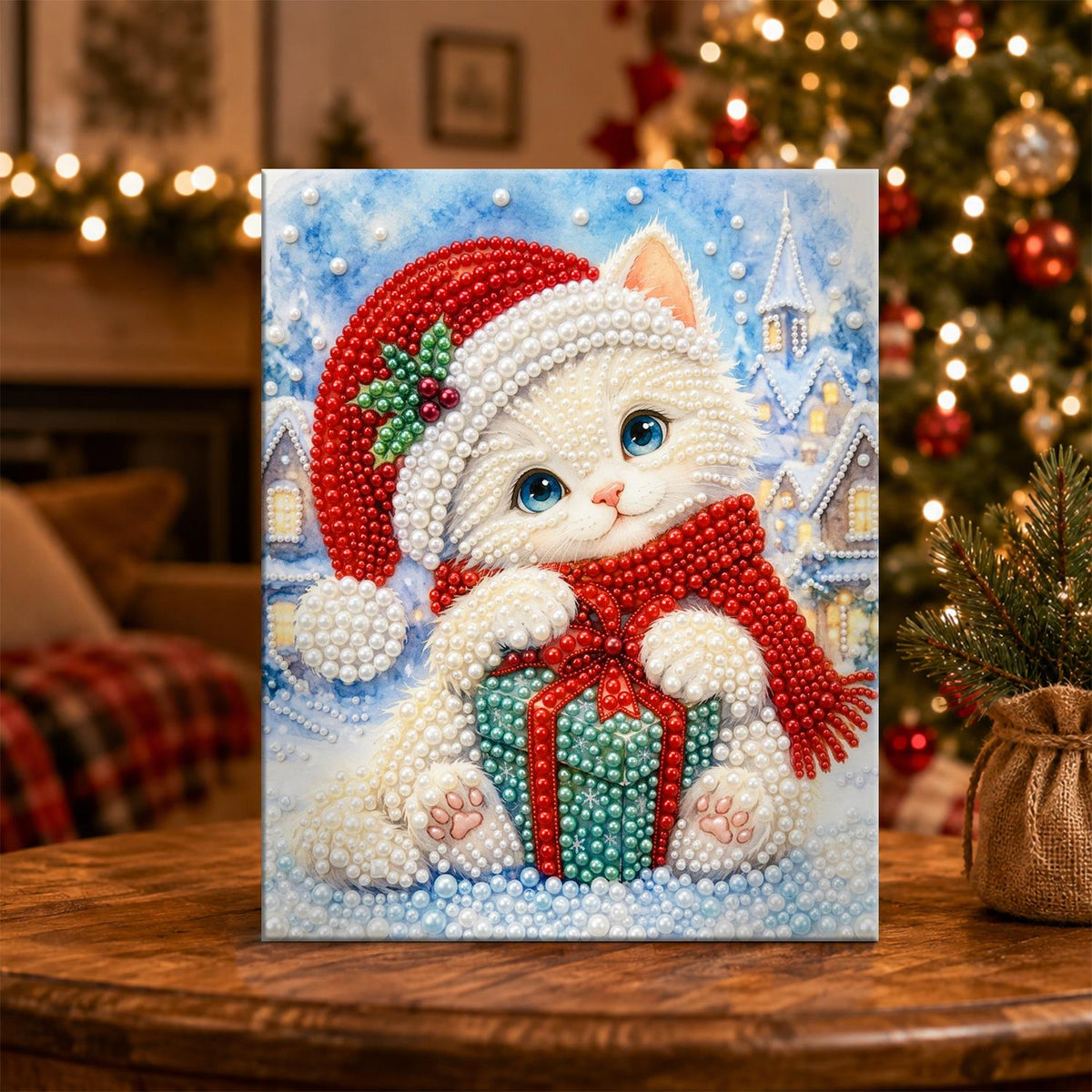 White Kitten Hugging a Gift pearl painting – image 5