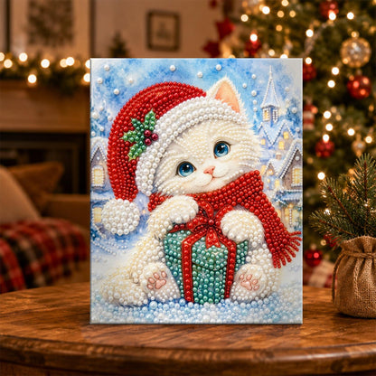 White Kitten Hugging a Gift pearl painting – image 5