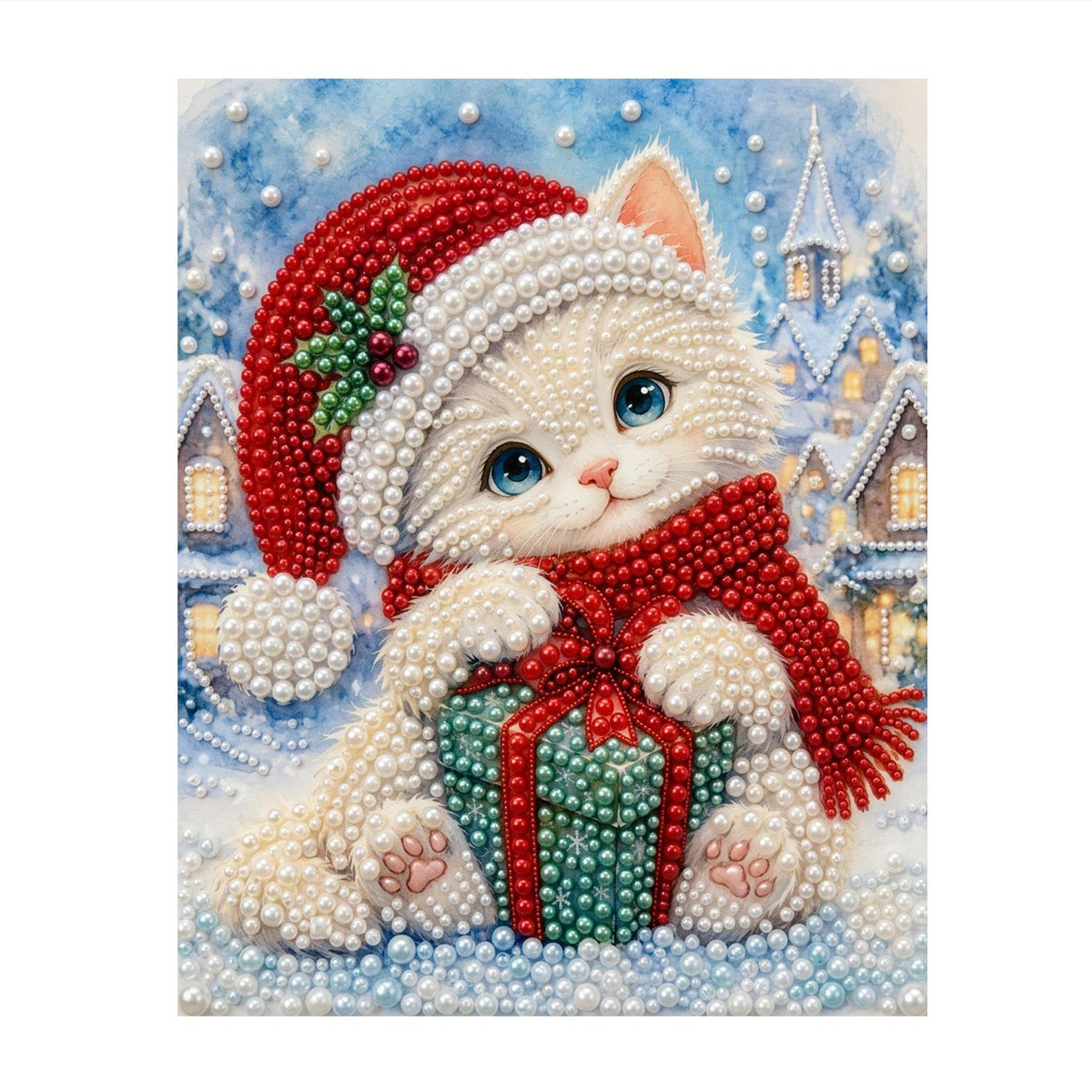 White Kitten Hugging a Gift pearl painting – image 11