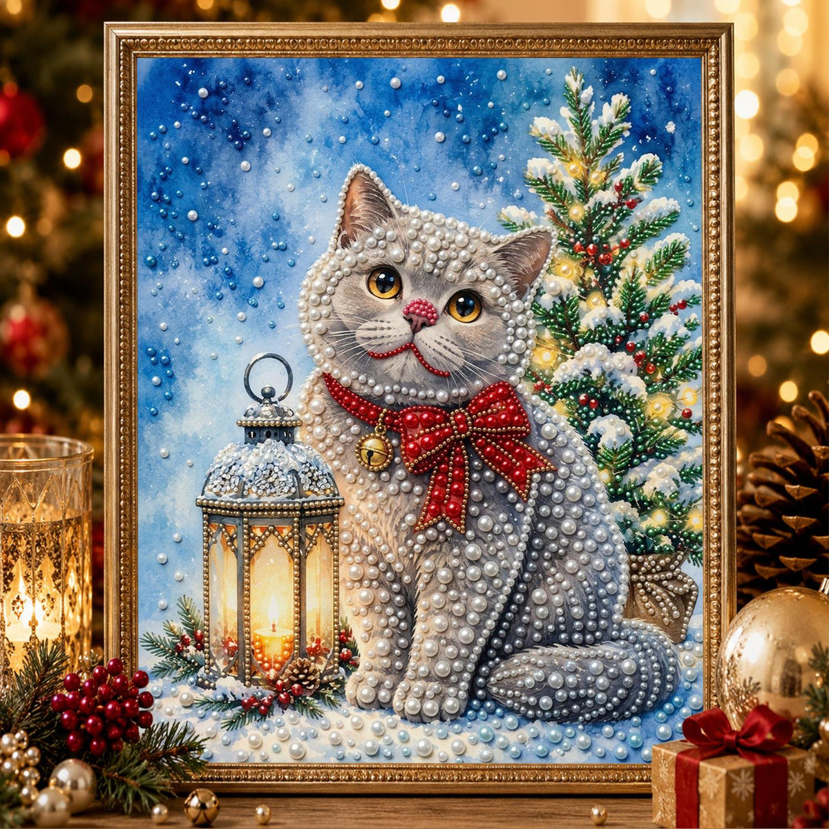 Grey Cat with a Plaid Bow pearl painting – image 2