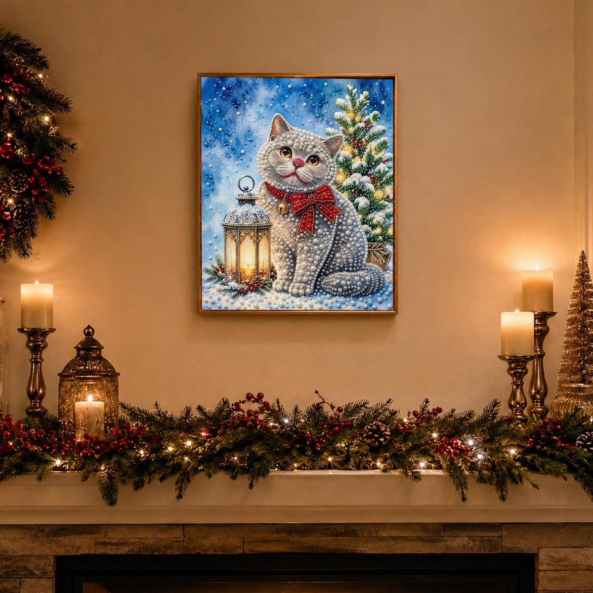 Grey Cat with a Plaid Bow pearl painting – image 3