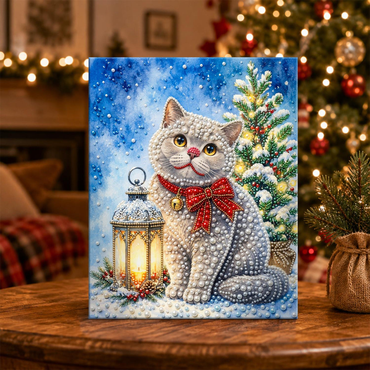 Grey Cat with a Plaid Bow pearl painting – image 5