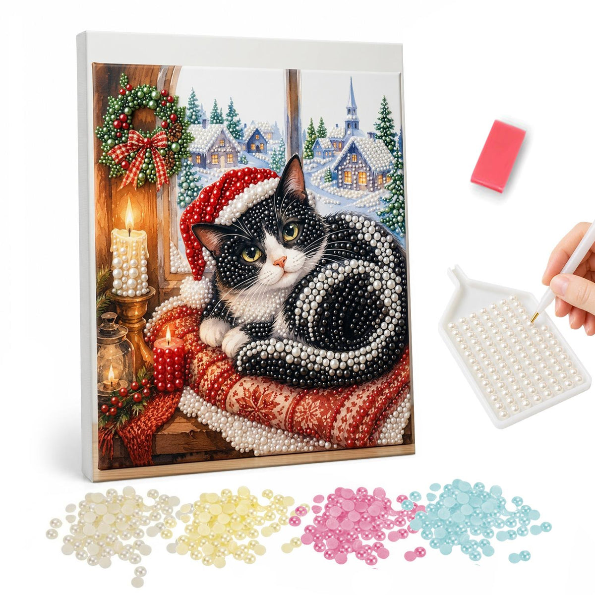 Tuxedo Cat on a Window Cushion pearl painting – Black and white cat in a Santa hat curled on a red cushion by a candlelit window with a wreath