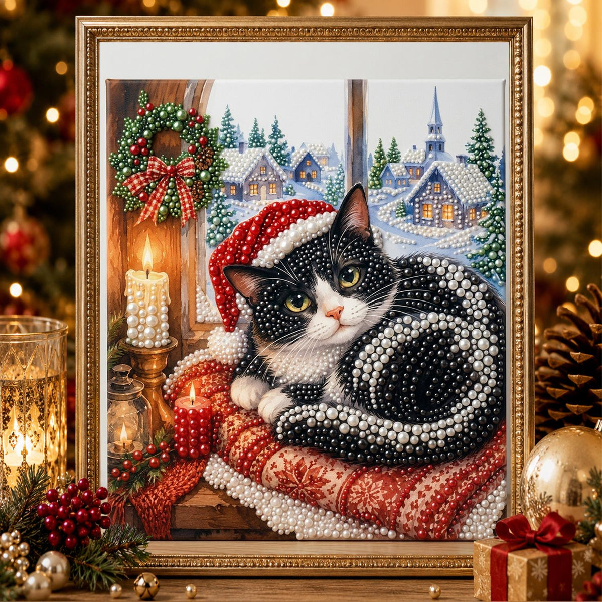 Tuxedo Cat on a Window Cushion pearl painting – image 2