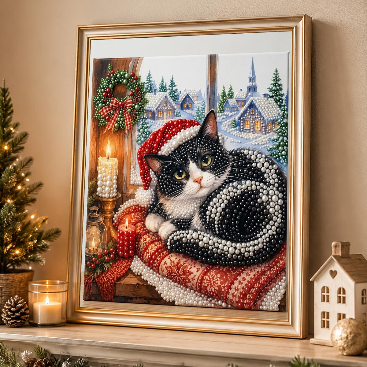 Tuxedo Cat on a Window Cushion pearl painting – image 4