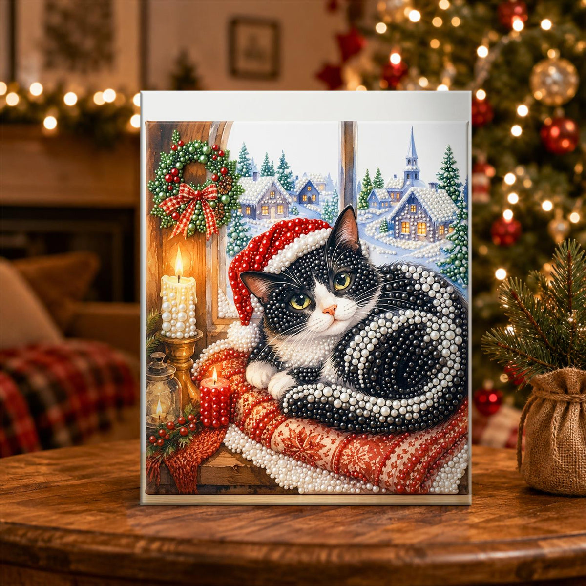 Tuxedo Cat on a Window Cushion pearl painting – image 5