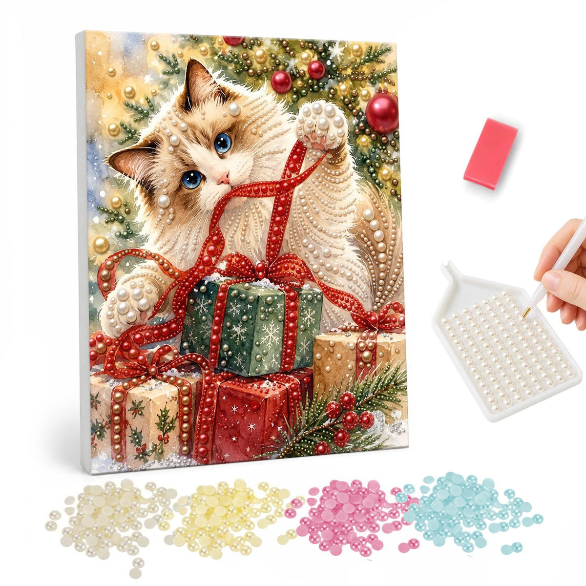 Fluffy Cat Tangled in Ribbon pearl painting – Fluffy colourpoint cat playing with red ribbon among wrapped gifts beside a Christmas tree