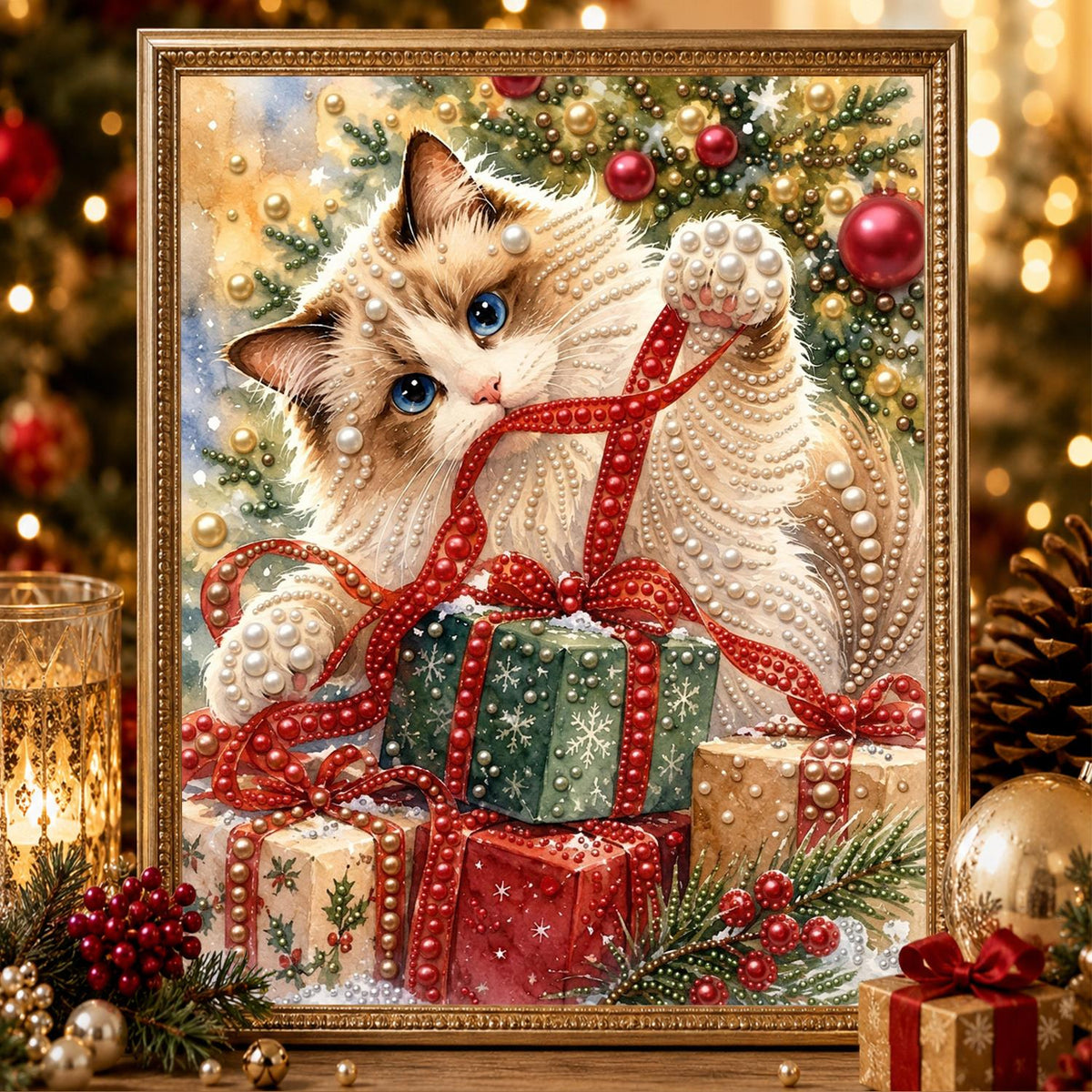 Fluffy Cat Tangled in Ribbon pearl painting – image 2