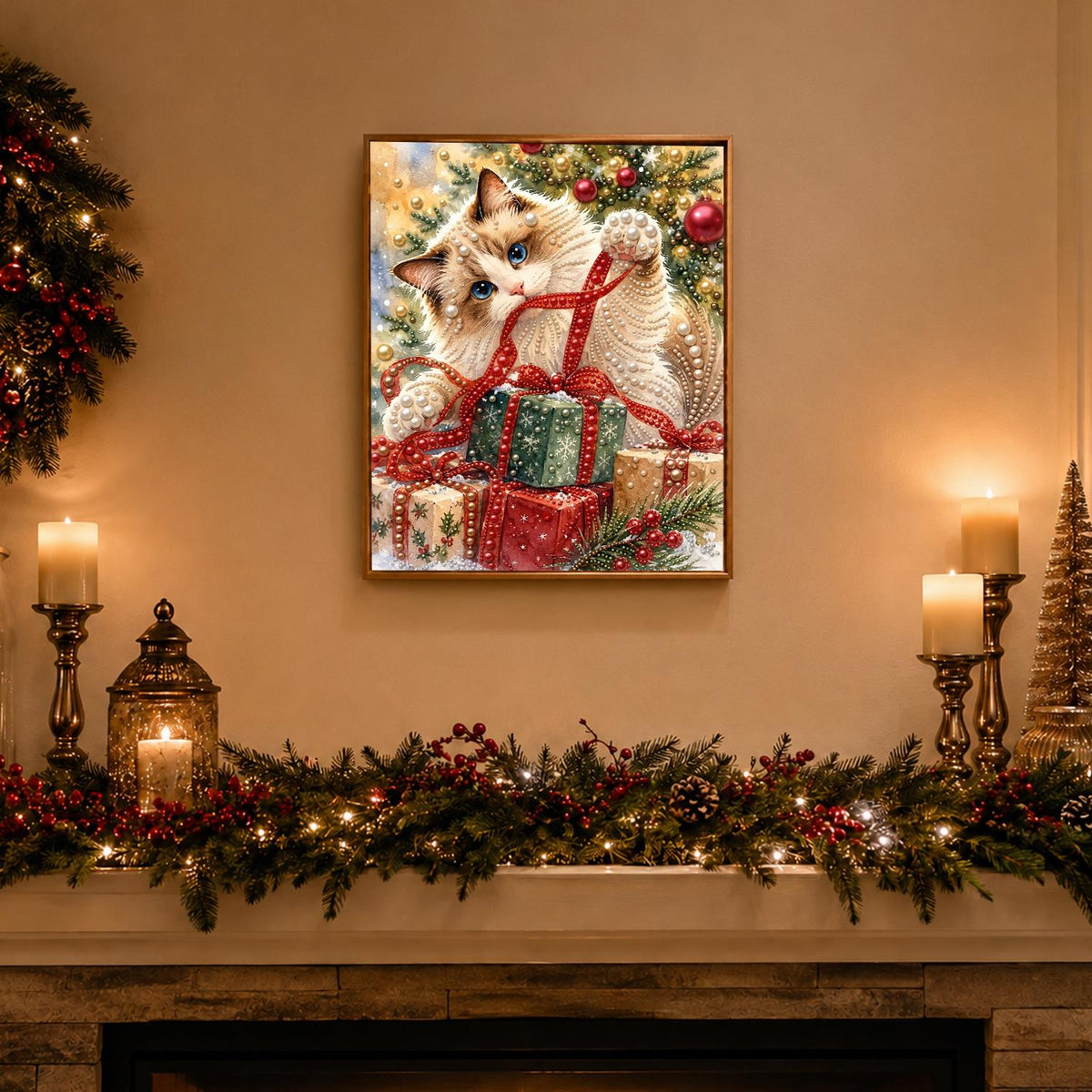 Fluffy Cat Tangled in Ribbon pearl painting – image 3