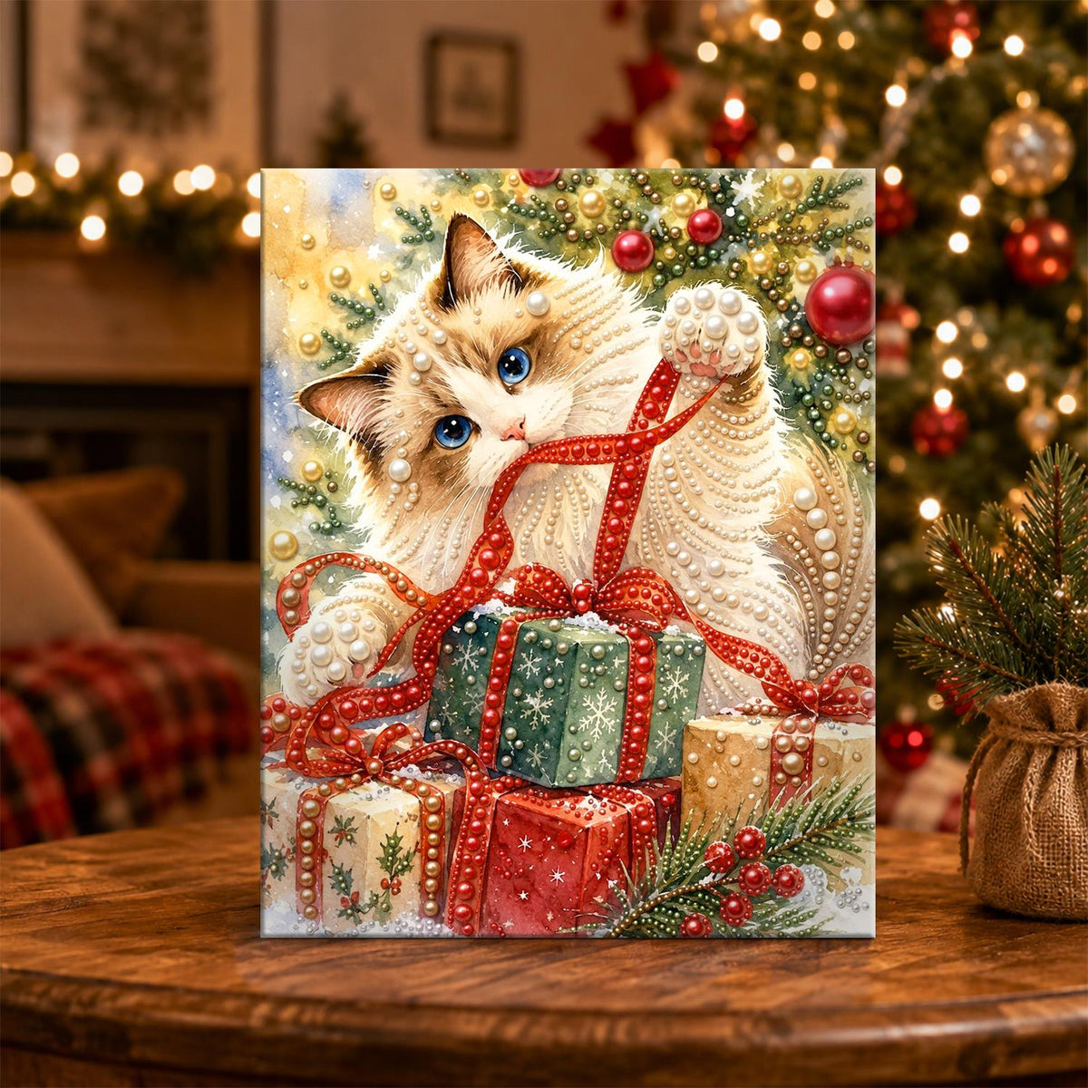 Fluffy Cat Tangled in Ribbon pearl painting – image 5