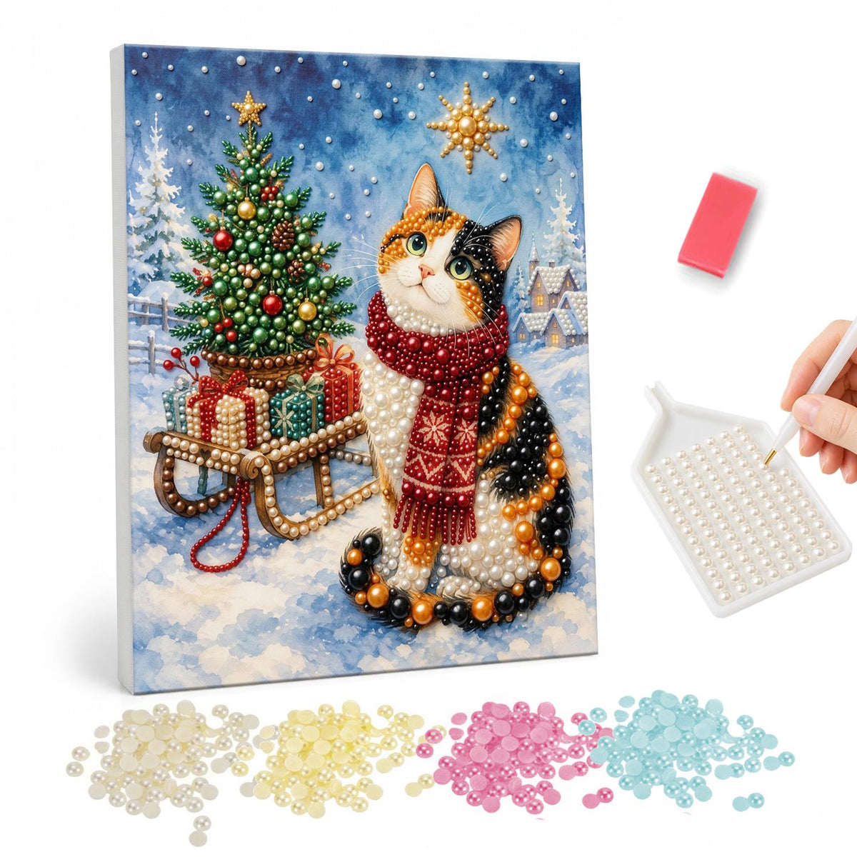 Calico Cat by the Gift Sled pearl painting – Calico cat in a red scarf sitting beside a sled of gifts and a Christmas tree on a starry snowy night