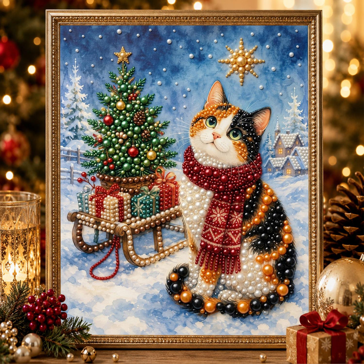 Calico Cat by the Gift Sled pearl painting – image 2