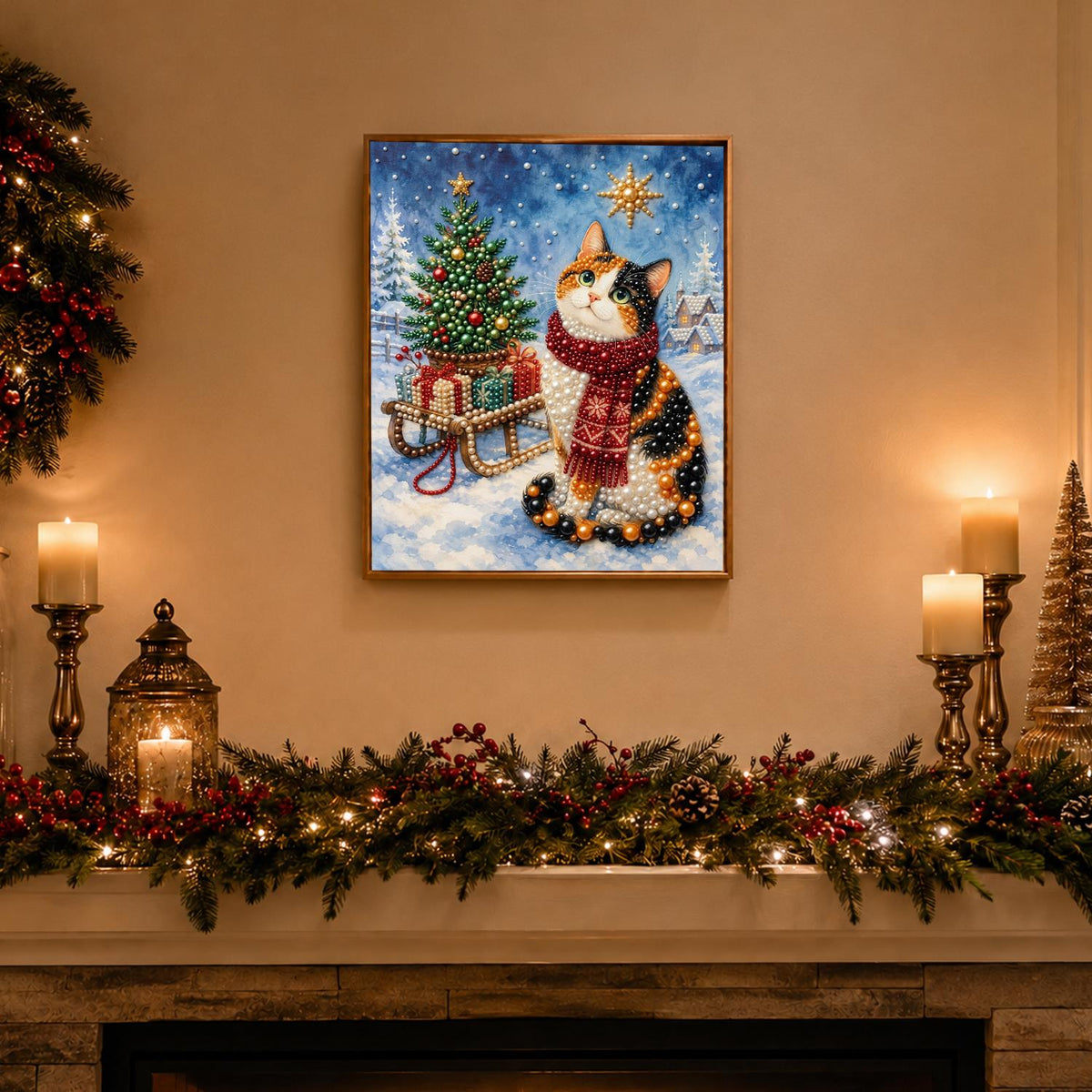 Calico Cat by the Gift Sled pearl painting – image 3
